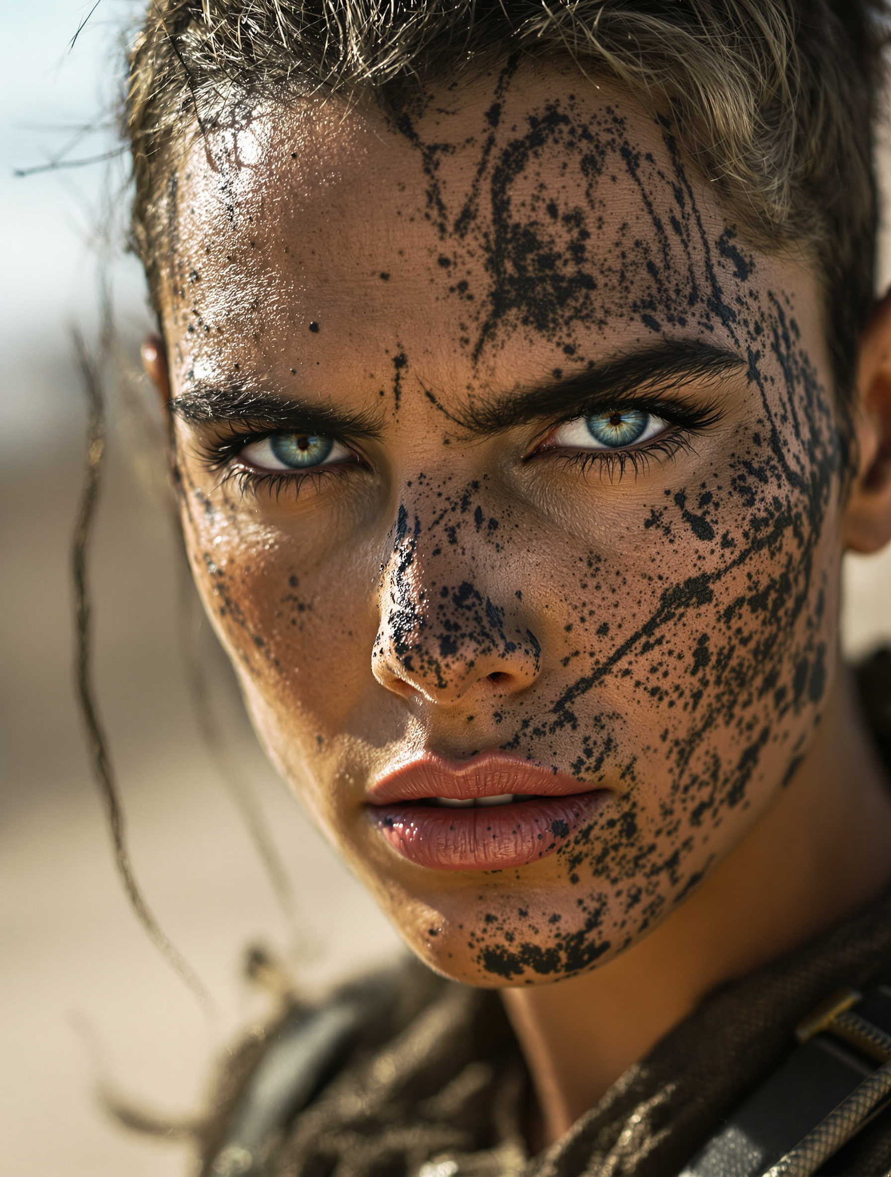 Charlize Theron Furiosa Mad Max visage suie héroïne badass moderne