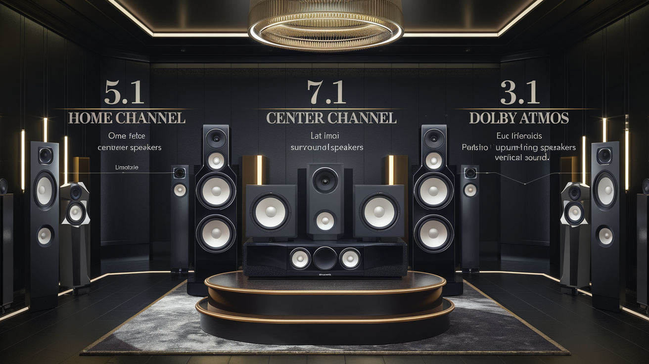 Visuel didactique montrant schématiquement un système 5.1 chic, puis 7.1 avec enceintes arrière ajoutées, puis une configuration Dolby Atmos/DTS:X avec enceintes orientées vers le haut ou au plafond dans un salon stylé.
