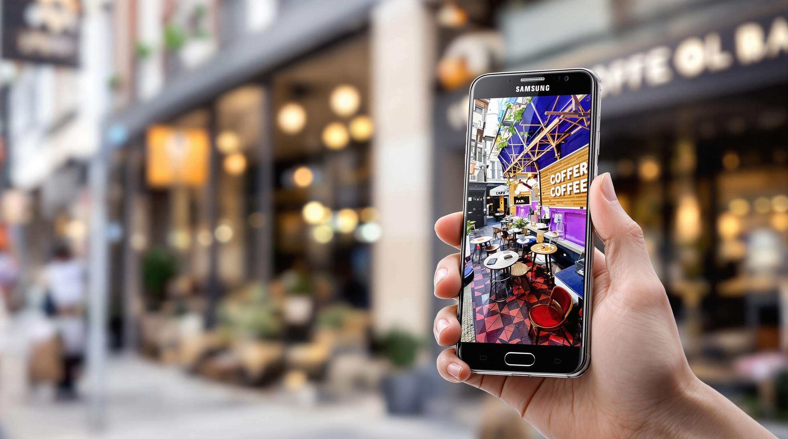Écran Super AMOLED sur smartphone montrant des couleurs vives et un contraste exceptionnel dans un environnement urbain chic.