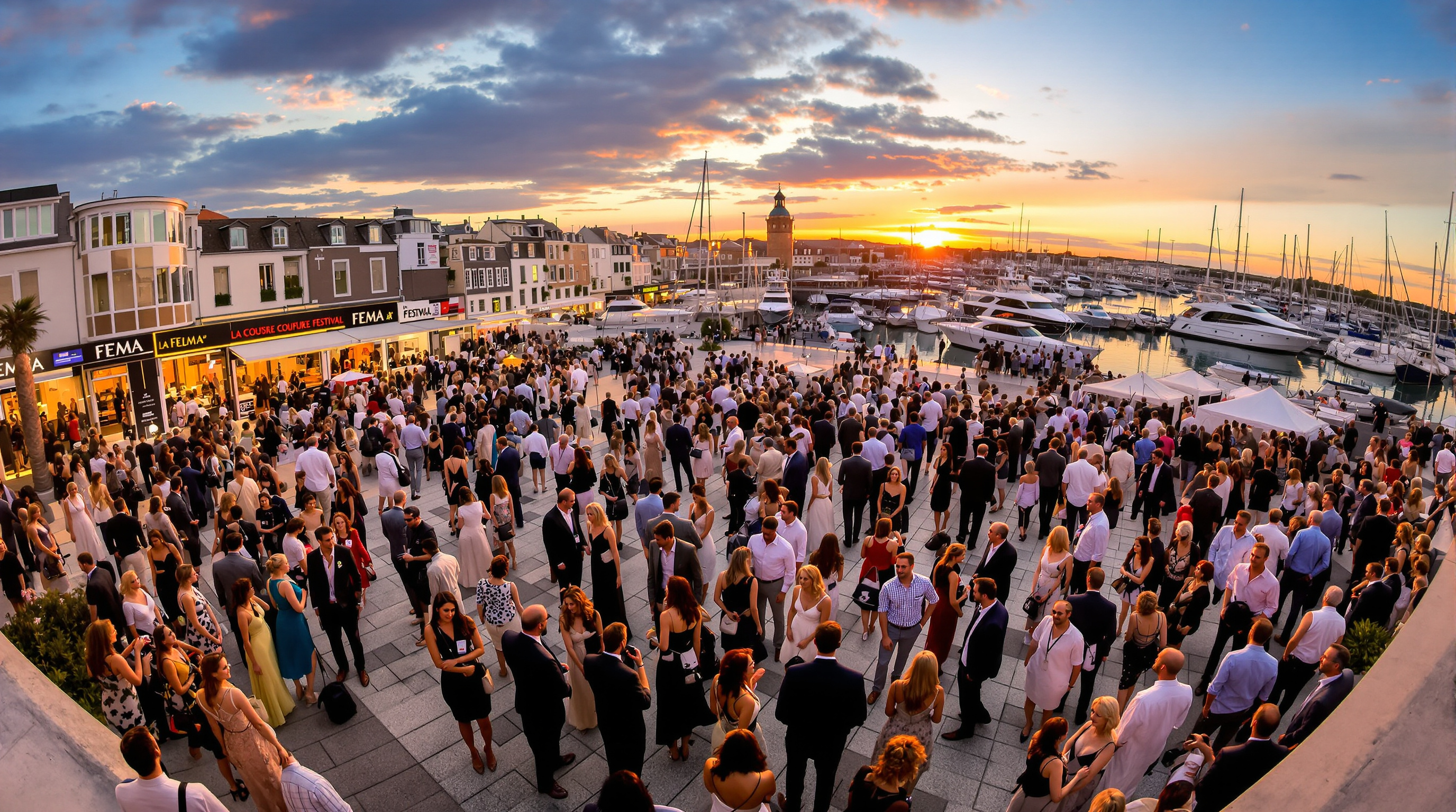 L'effervescence du Fema à la tombée du jour sur le parvis de La Coursive, où cinéphiles et réalisateurs se mêlent dans l'atmosphère unique du port de La Rochelle.
