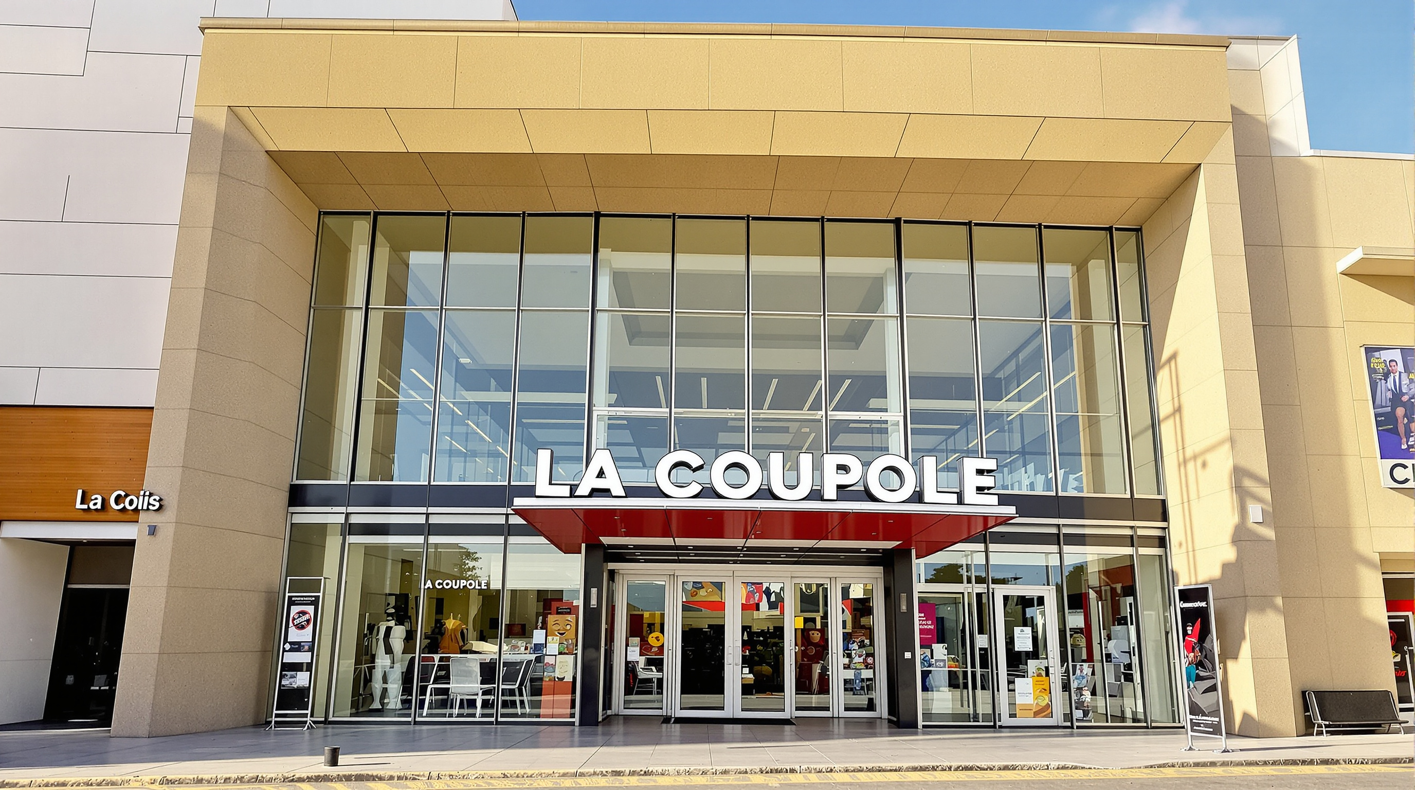 Façade du cinéma La Coupole à Saint-Louis, architecture moderne, entrée accueillante et nom bien visible.