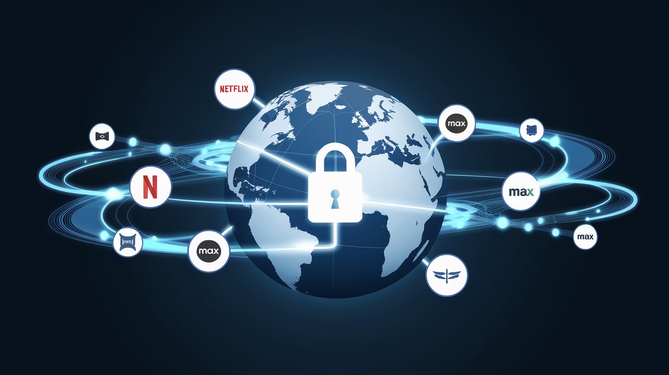 Illustration d'un globe terrestre avec des icônes de streaming et une connexion VPN sécurisée.