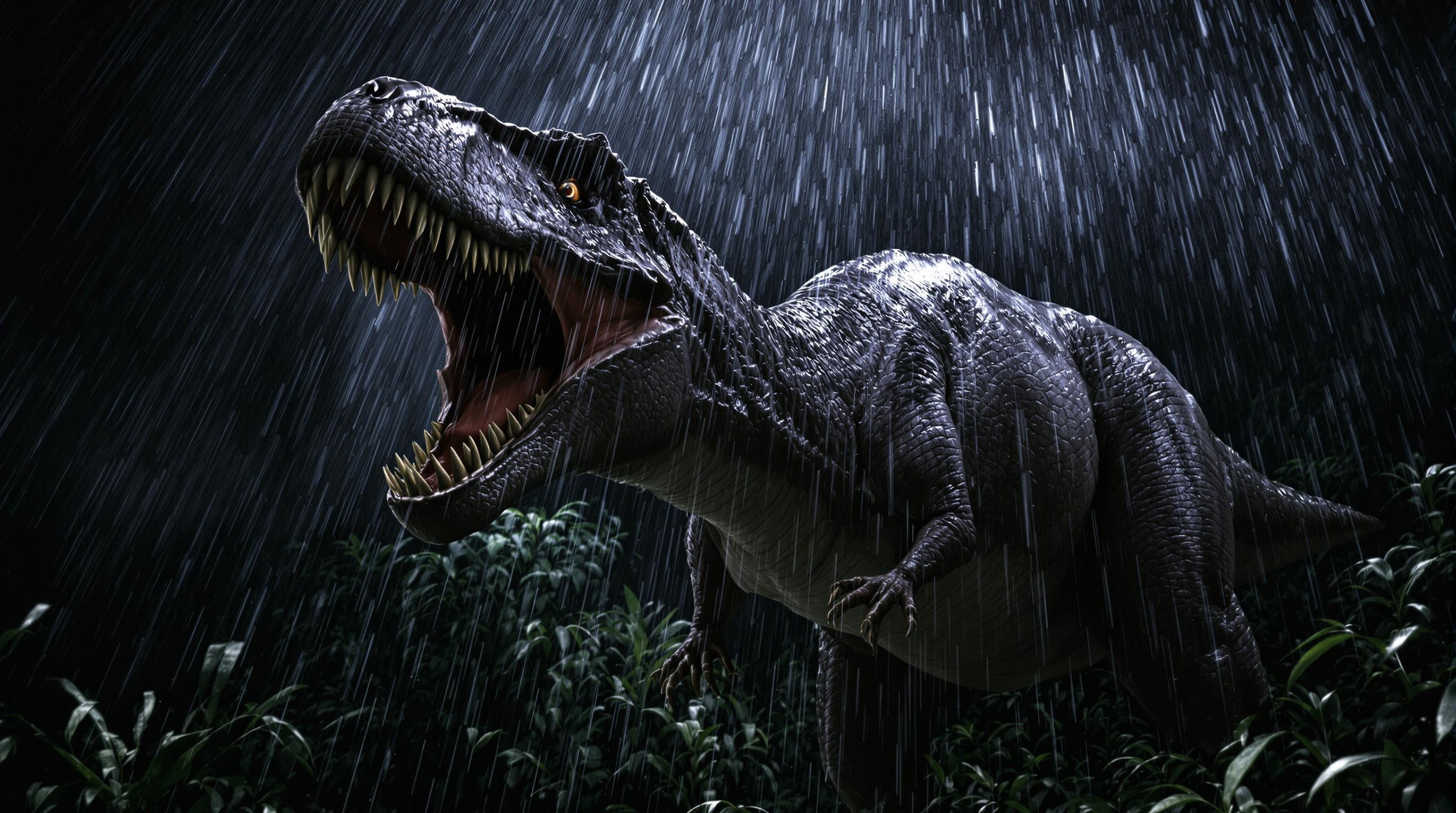 Une scène clé de Jurassic Park montrant le T-Rex rugissant sous la pluie, avec une composition cinématographique et dramatique.