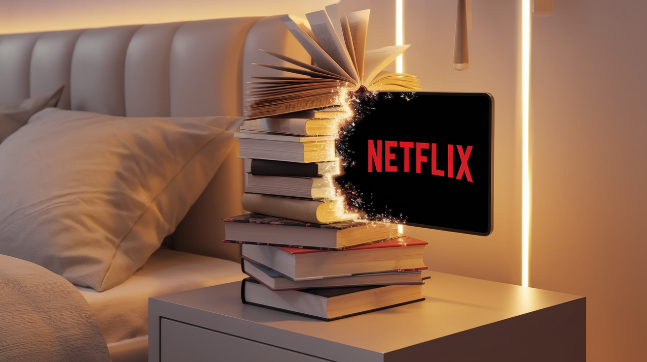 Livre dont les pages deviennent un écran Netflix lumineux.