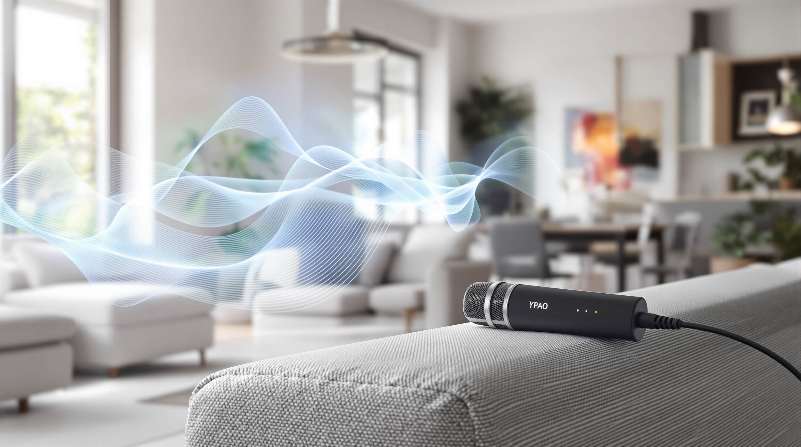 Microphone de calibration Yamaha YPAO posé sur un canapé dans un salon moderne avec ondes sonores stylisées