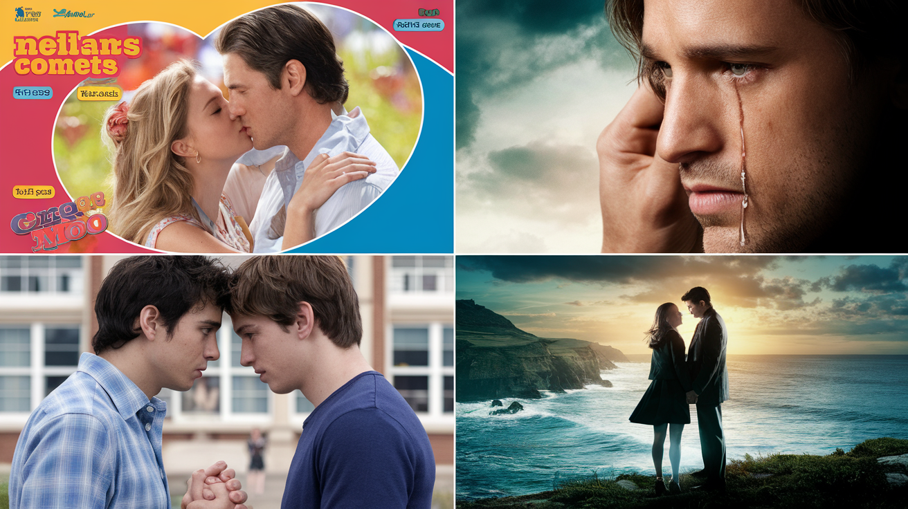 Montage stylisé de quatre affiches de films illustrant chaque émotion : une comédie romantique, un drame poignant, une teen romance et une dark romance.