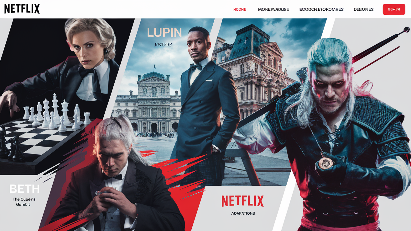 Montage photo des héros Netflix : Beth Harmon, Assane Diop et Geralt de Riv.
