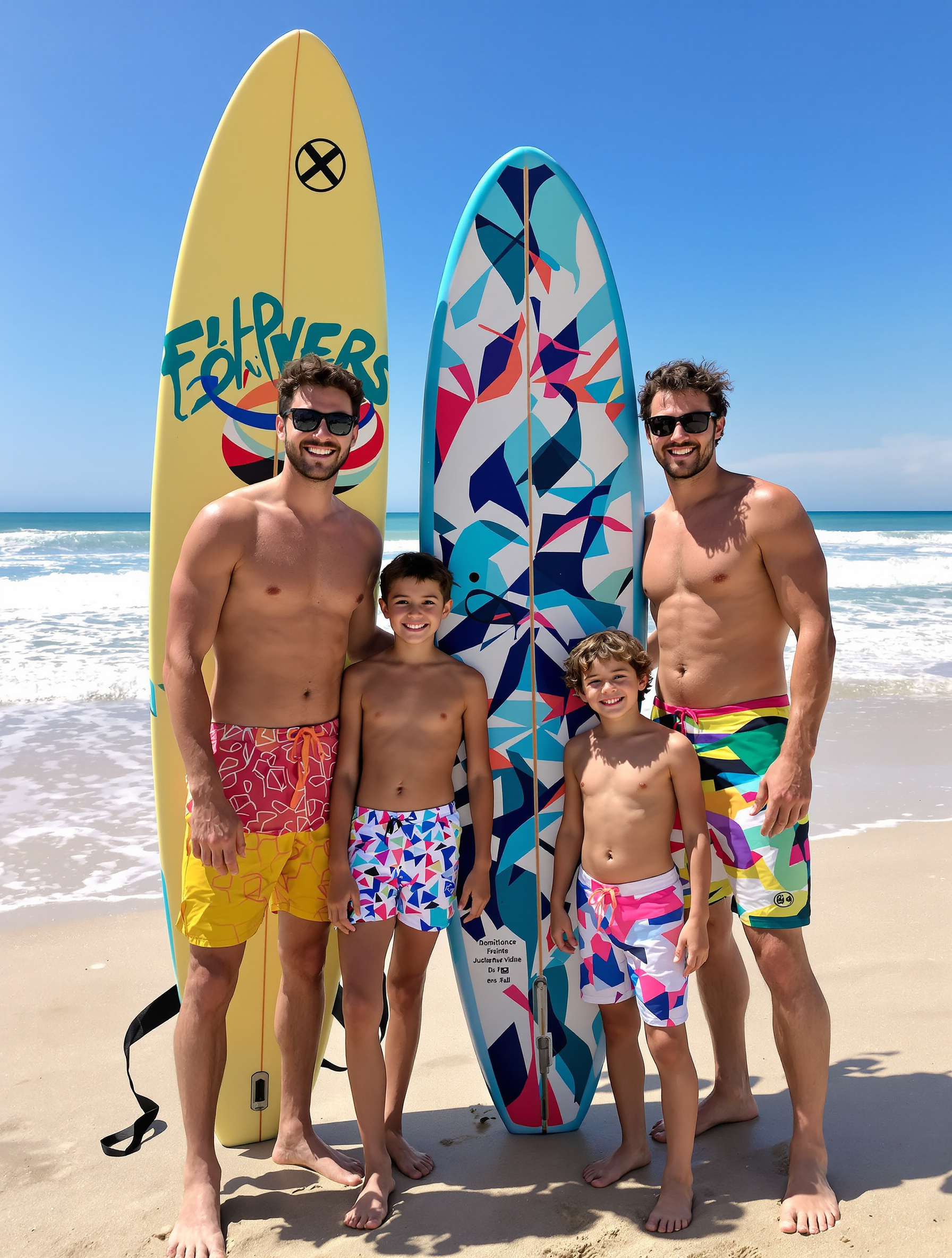 Portrait de la famille Joubert-Frey (Mathias, Charlotte, Jules et Valentin) sur une plage avec leurs planches de surf