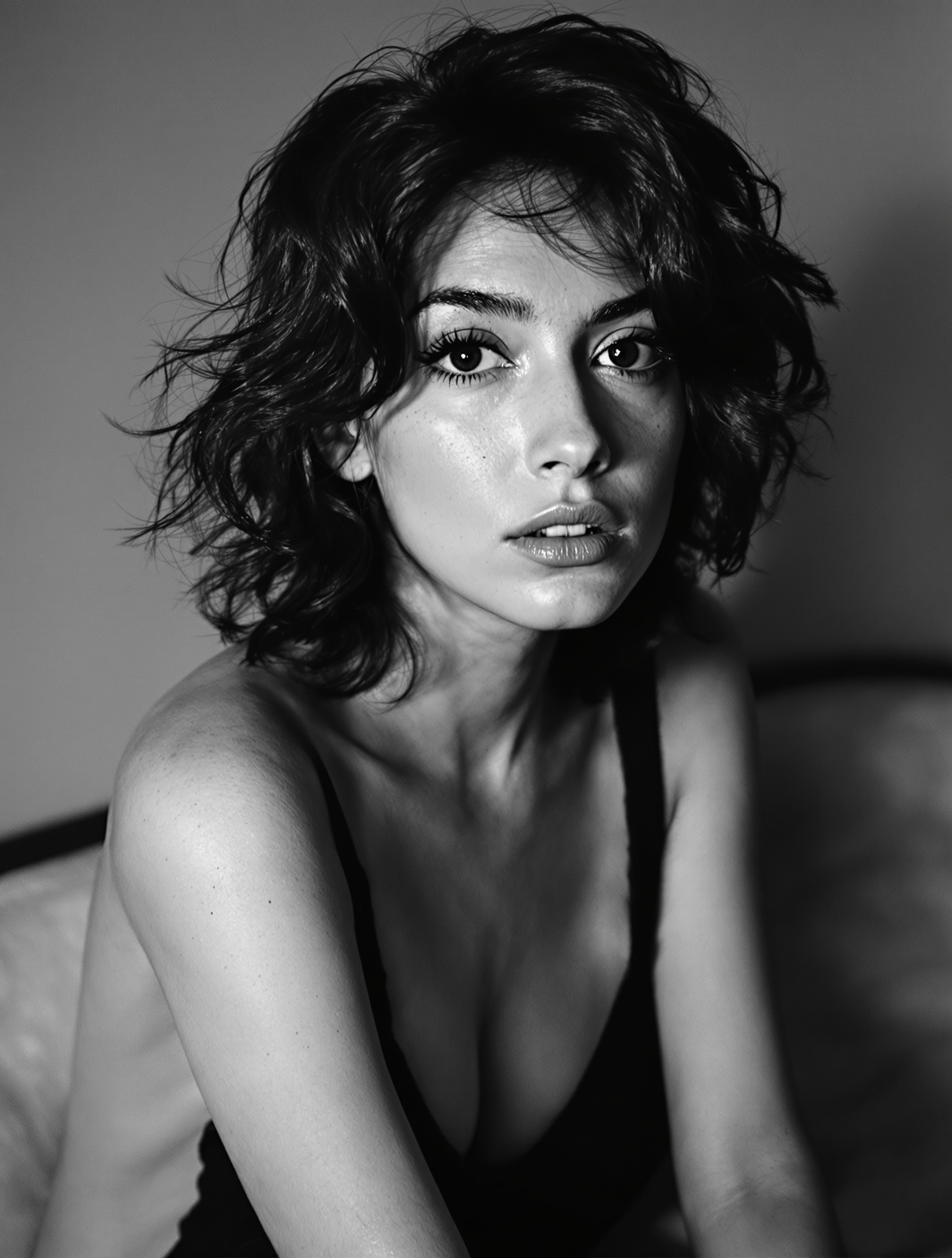 Portrait en noir et blanc d'Adèle Exarchopoulos, capturant l'intensité de son regard.