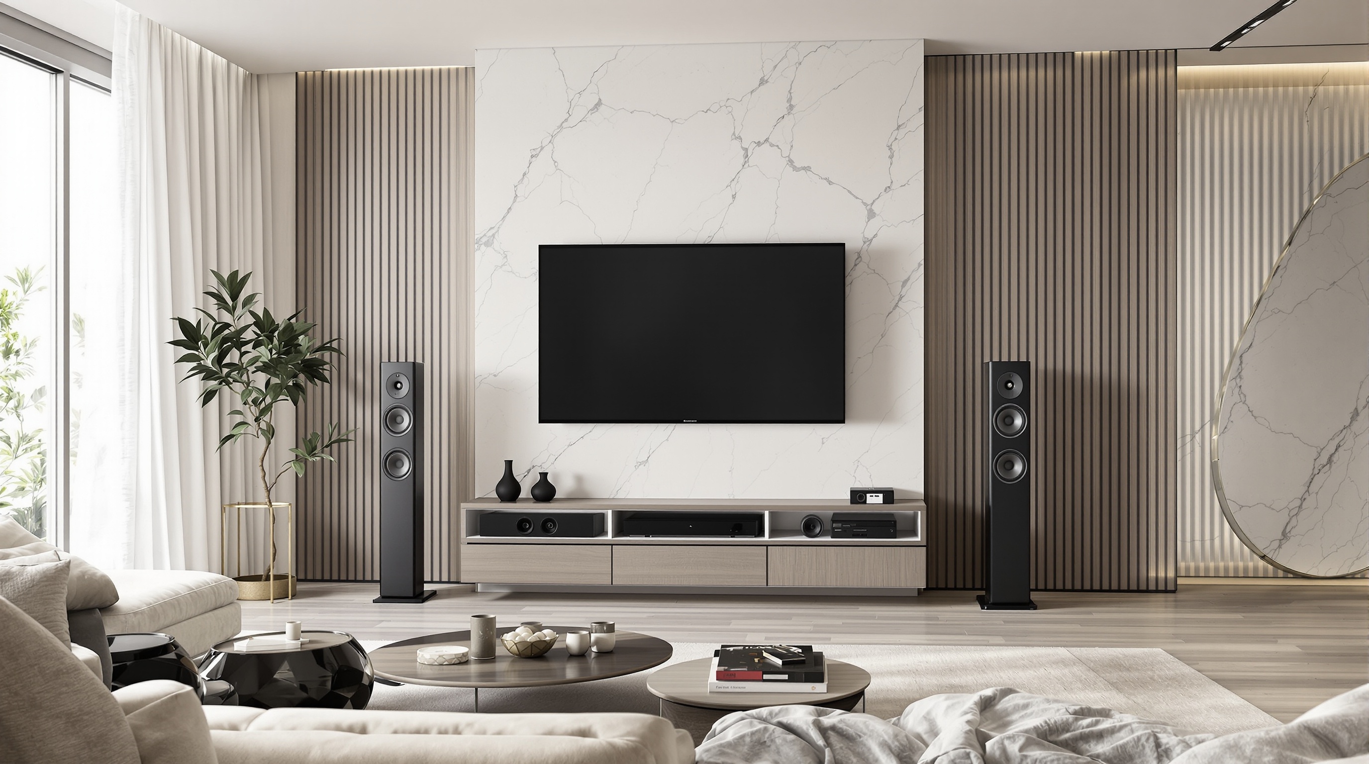 Un salon contemporain où le pack d'enceintes home cinéma s'intègre comme une œuvre d'art, prouvant que haute-fidélité peut rimer avec haute-couture.