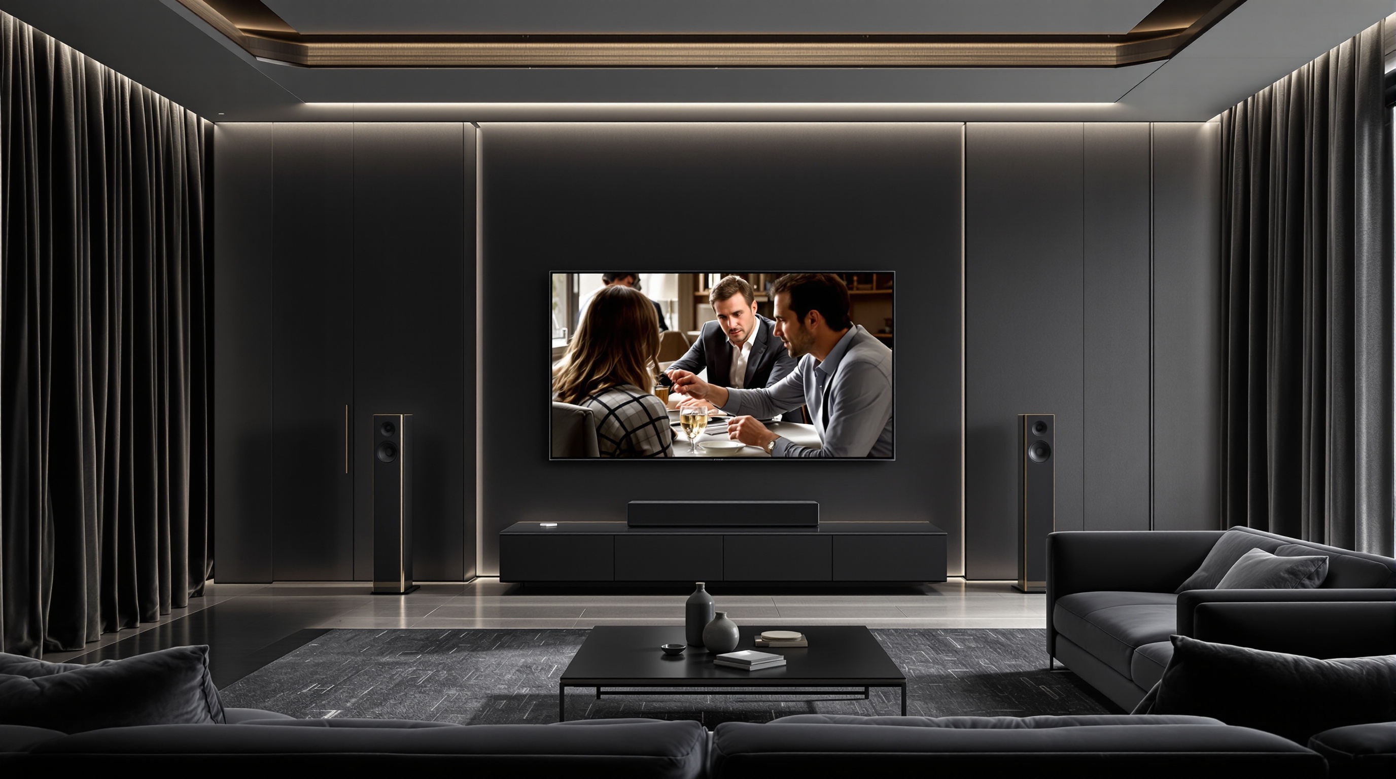 Salon luxueux équipé d'une configuration home cinéma Bang & Olufsen surround complète.