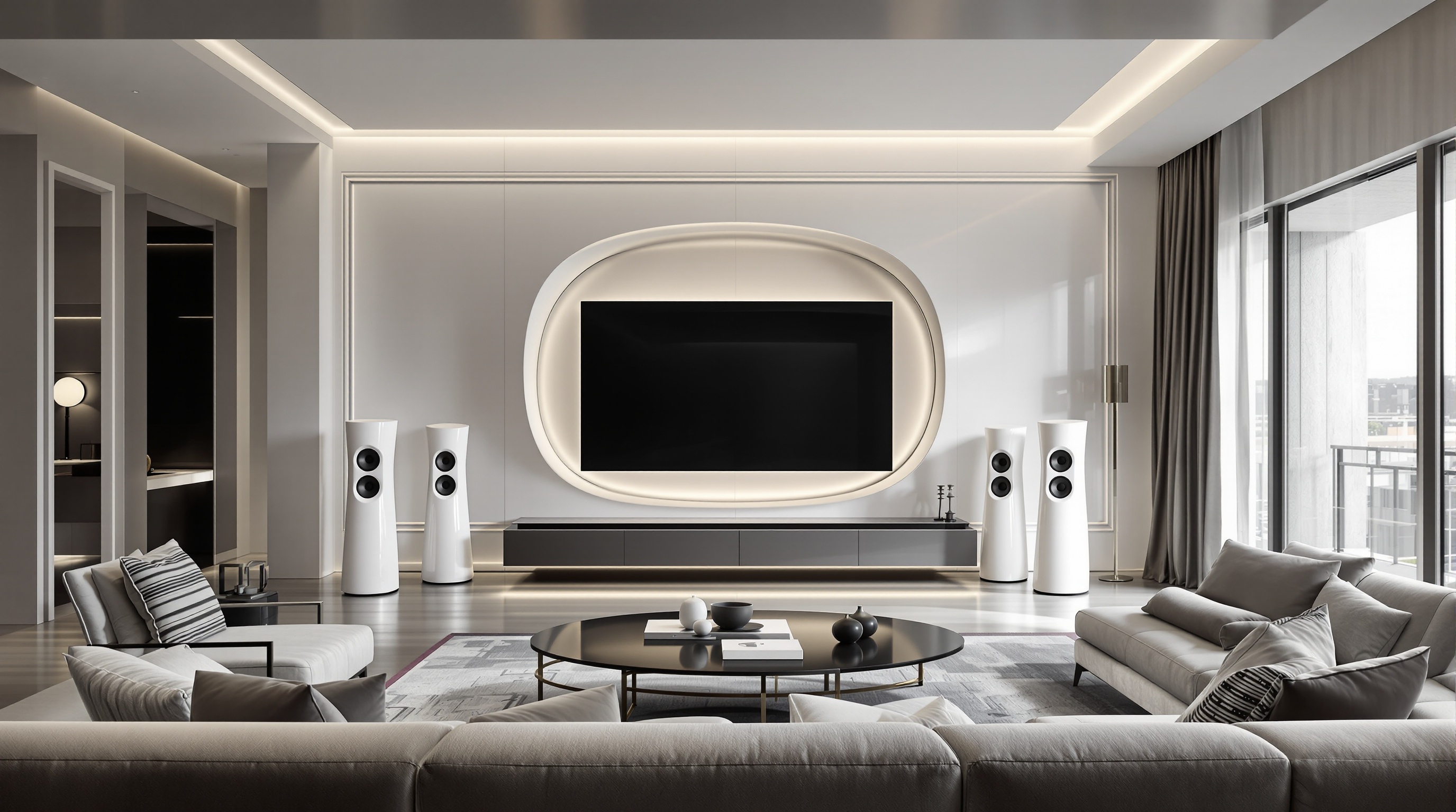Salon luxueux avec Devialet Phantom Theater 5.1 blanc