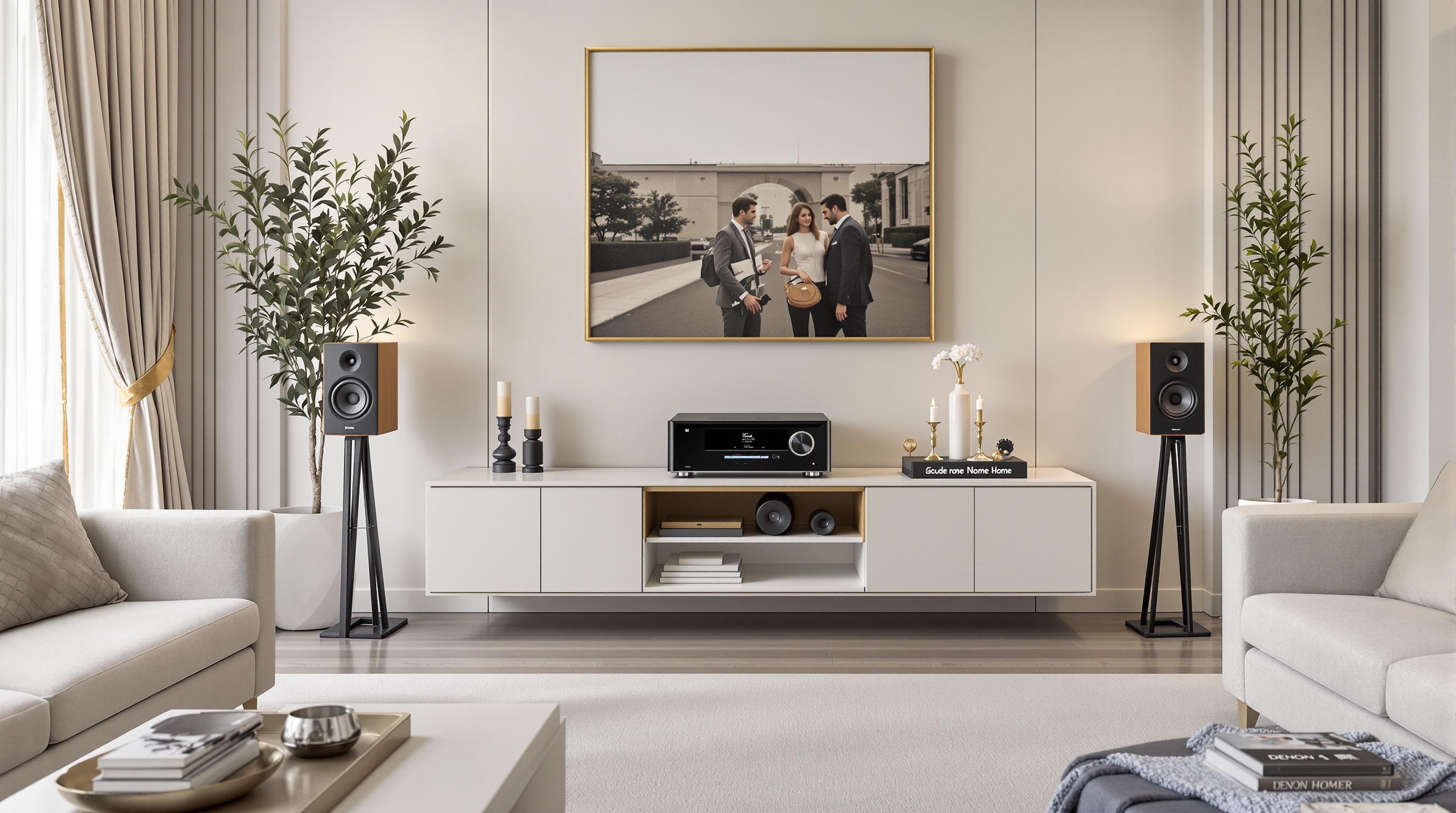 Salon moderne avec amplificateur Denon AVC-X3800H et enceintes Denon Home