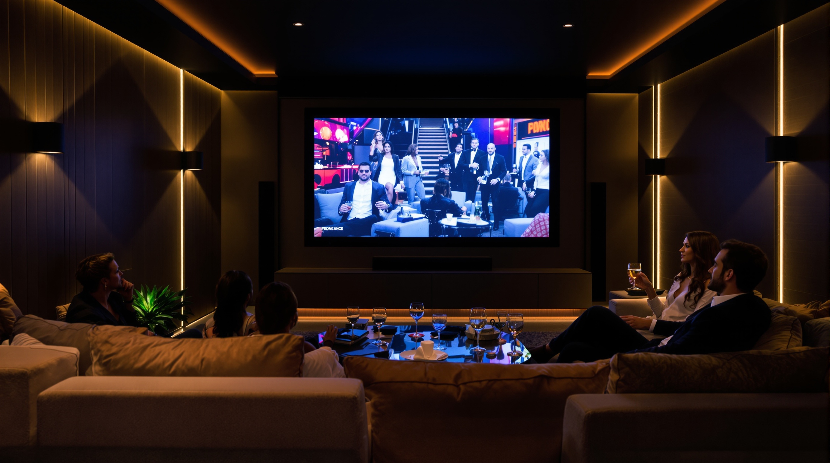 Soirée élégante dans un salon moderne où le home cinéma est la star du spectacle, invitant chaque convive à vivre une expérience immersive inoubliable.