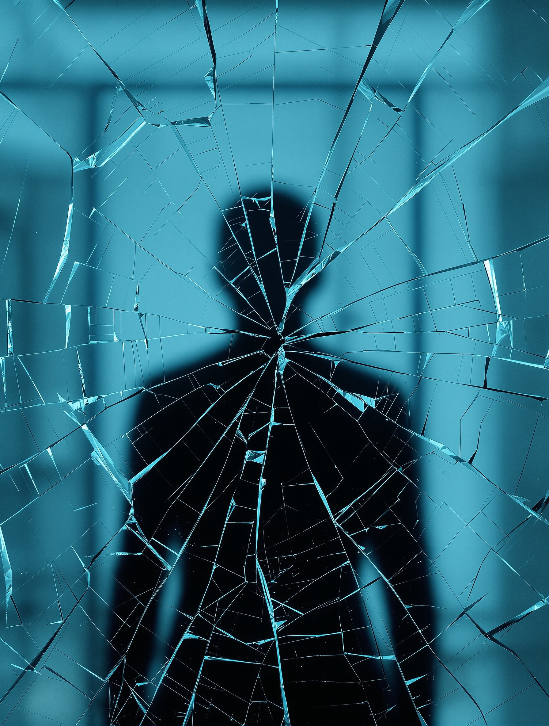Silhouette incertaine devant un miroir fêlé – allégorie de l'identité fracturée.