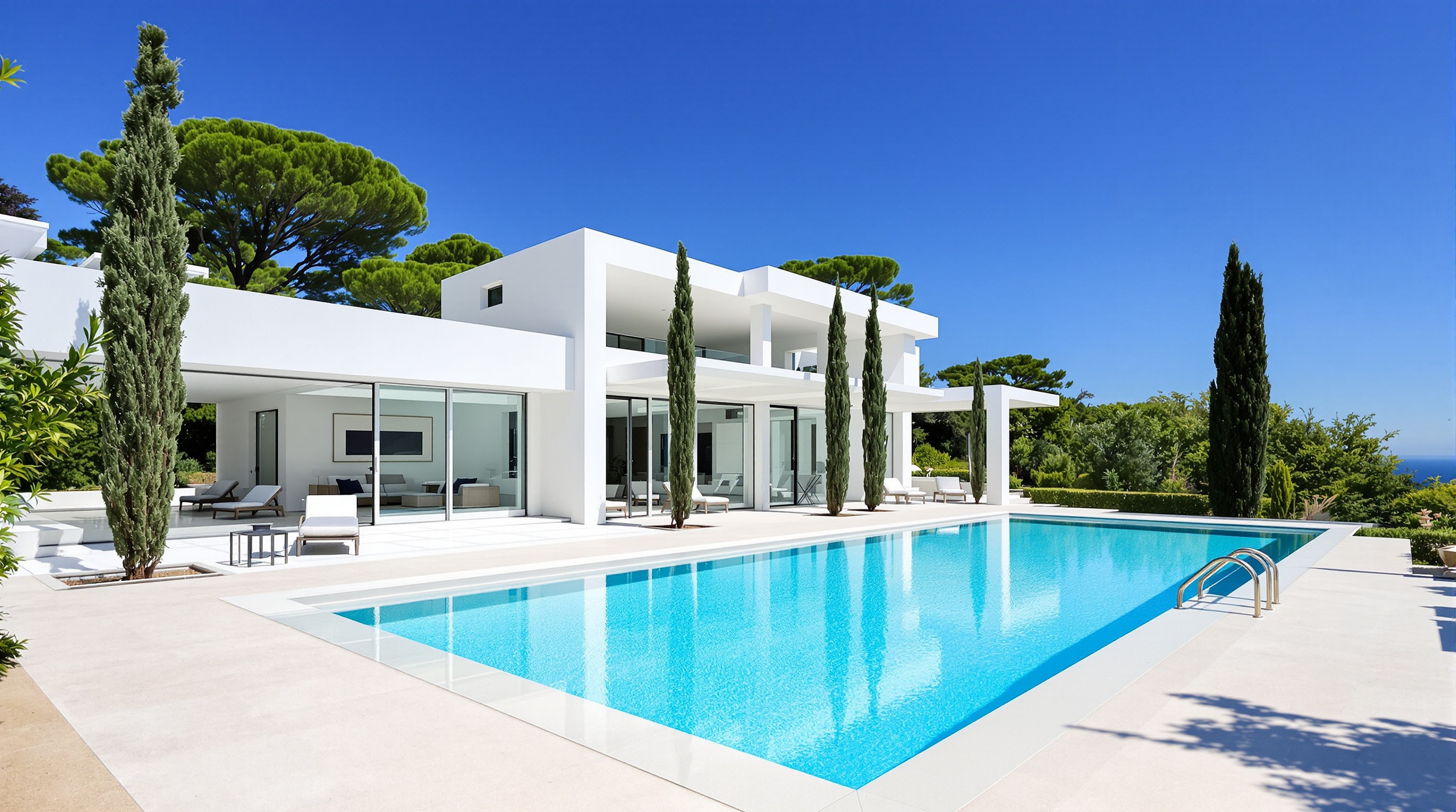Villa L'Oumède à Ramatuelle, lieu de tournage du film La Piscine (1969), mettant en valeur l'architecture moderniste et la piscine emblématique.