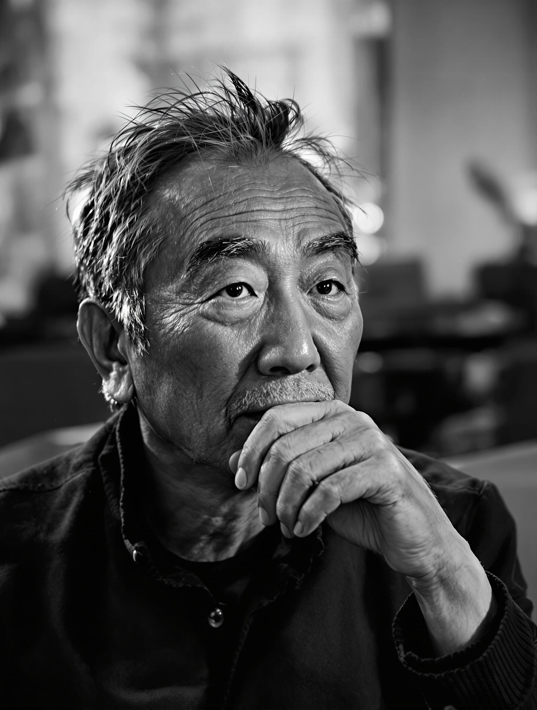 Portrait artistique en noir et blanc de Wang Bing.